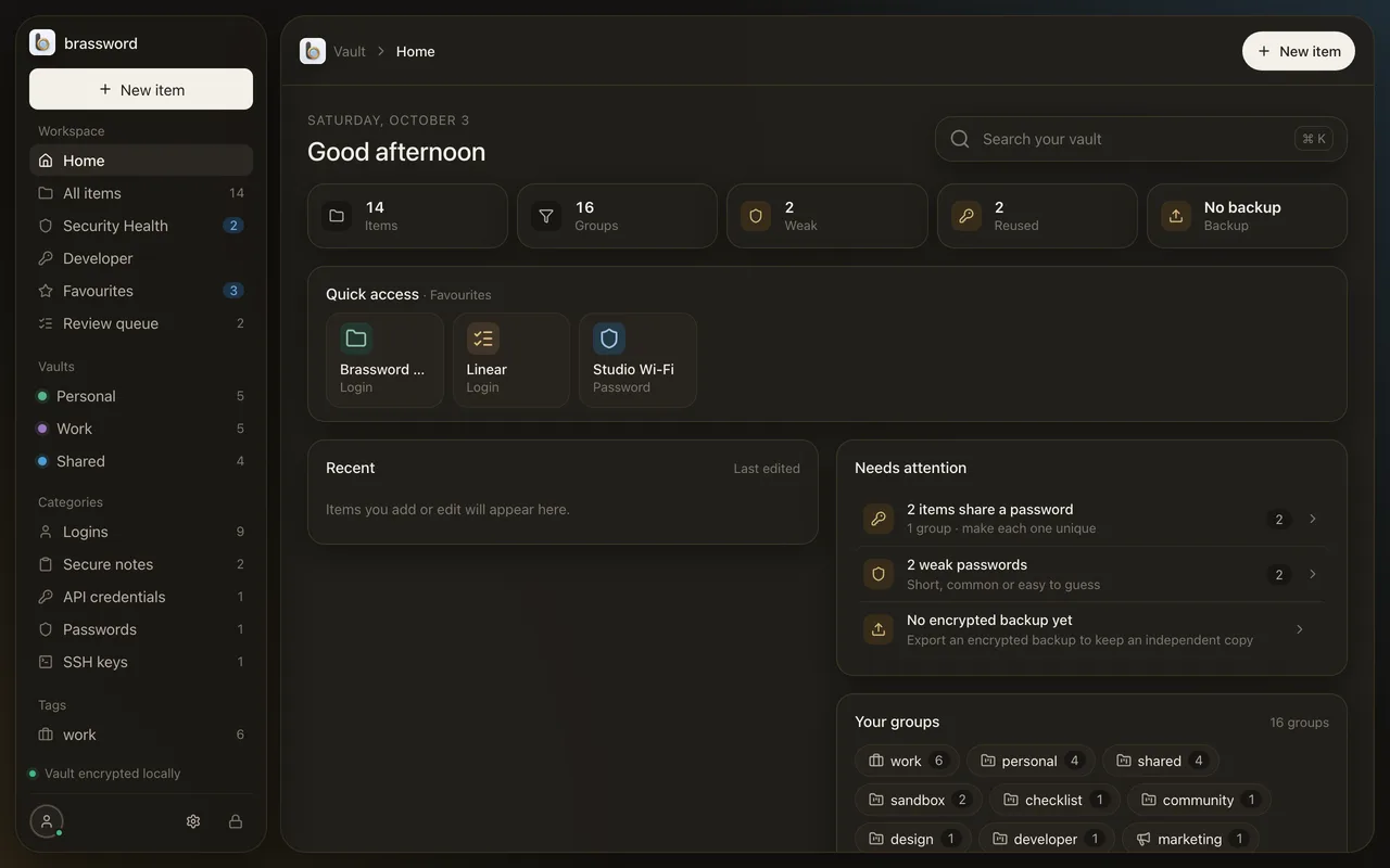 Brassword’s Home view: item count, weak and reused passwords, and backup status