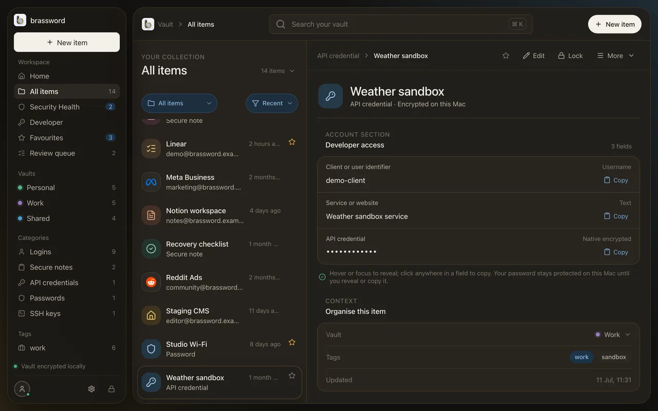 An API credential item with its secret concealed