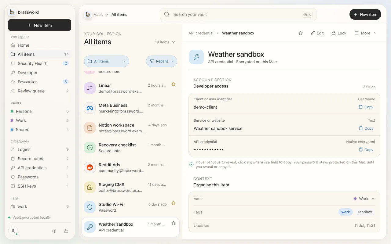 An API credential item with its secret concealed